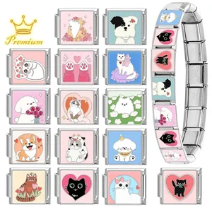 Bracciale componibile in acciaio inossidabile con charm smaltati a tema cane e gatto