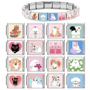 Bracciale componibile italiano in acciaio inox con ciondoli smaltati di gatti e cani