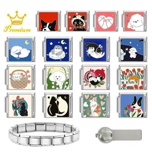 Pet themed stainless steel charm bracelet kit with 16 colorful enamel animal links