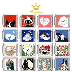 Italian Charm Bracelet Link Stainless Steel Cute Pet Cat Dog Enamel DIY Jewelry Accessory For Modular Bracelet
