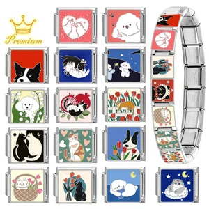 Italian charm bracelet with colorful stainless steel pet cat and dog charms for DIY jewelry