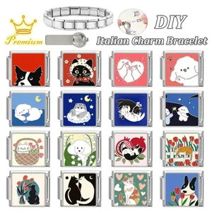 DIY Italian charm bracelet set with 16 cartoon pet charms and adjustment tool
