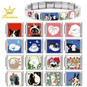 Stainless steel modular charm bracelet with cute handmade pet and floral DIY enamel links