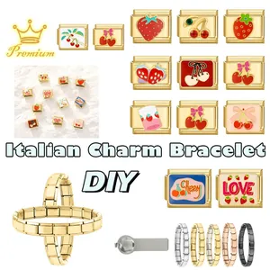Détails du bracelet à breloques italien DIY avec pendentifs cerise et fraise émaillés