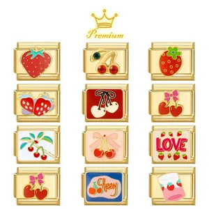 Maillon Charm Italien en Acier Inoxydable Or Fraise Cerise Fruit Émail Module de Bracelet pour Fabrication de Bijoux Personnalisés Accessoires Cadeau Femme