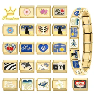 Maglie per bracciale componibile italiano in acciaio inossidabile dorato con smalti colorati