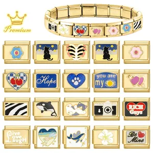 Bracciale componibile in acciaio inossidabile dorato con maglie in smalto colorato