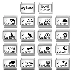Customizable silver stainless steel Italian charms bracelet with various laser icons