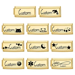 Customizable stainless steel Italian charm links bracelet with various engraved symbols