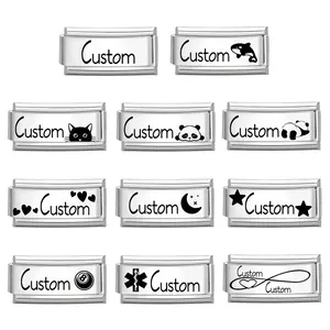 Customizable stainless steel Italian charm bracelets with engraved icons on white background