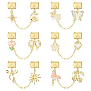 Acciaio Inossidabile Oro Italian Charm Bracciale Links Smalto Fiore Farfalla Stella Castello Ciondolo DIY Gioielli Charms