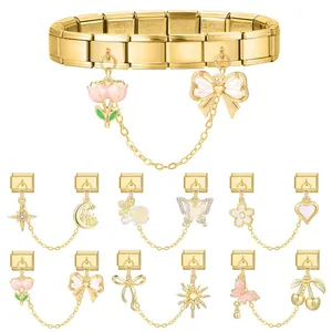 Bracciale componibile in acciaio inossidabile dorato con ciondoli a farfalla e fiori smaltati
