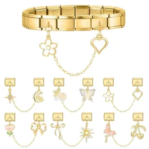 Bracciale italiano in acciaio inossidabile dorato con ciondoli a fiore e cuore