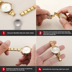 Dettaglio macro del set orologio modulare dorato con quadrante romano e strumento incluso