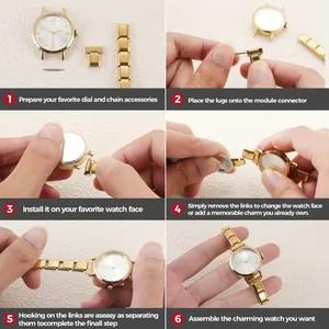 Macro detail of 6-step assembly guide for a gold modular watch with Roman numerals