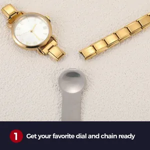DIY gold quartz watch set with modular link bracelet and adjustment tool on sand texture