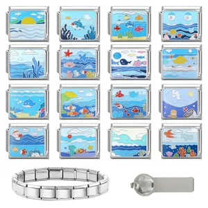 Set of 16 ocean-themed enamel Italian charm links and stainless steel base bracelet