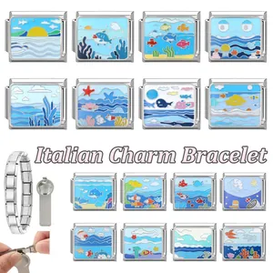Detailed set of ocean themed Italian charm links with stainless steel bracelet and tool