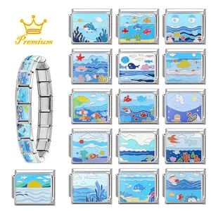 DIY Italian modular ocean charm bracelet in stainless steel with colorful enamel motifs