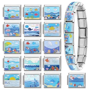 Italian charm bracelet with ocean theme links in stainless steel and enamel