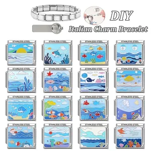 DIY Italian charm bracelet set with ocean themed stainless steel links and tools