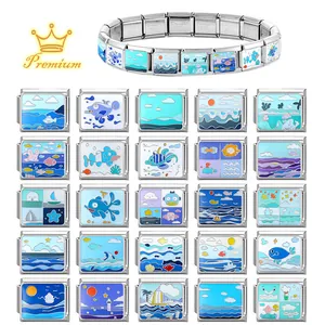 Italienisches Charm-Armband-Set mit Ozean-Modulen aus Edelstahl und Meeresmotiven