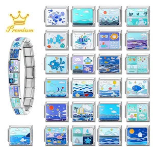 Italienisches Charm-Armband aus Edelstahl mit blauen Meeresmotiven und Emaille-Mustern