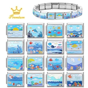 Italian charm bracelet with 16 ocean-themed enamel modules and stainless steel links
