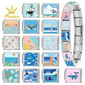 Bracciale componibile italiano in acciaio inossidabile con ciondoli a tema marino