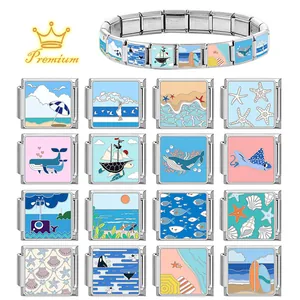 Bracciale componibile italiano in acciaio inossidabile con ciondoli a tema marino
