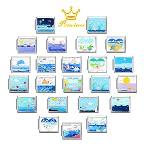 Italian charm bracelet links featuring ocean theme enamel designs in stainless steel