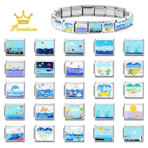 Italian charm bracelet with 25 ocean theme stainless steel modular links and sea icons