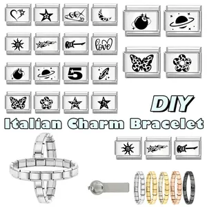 Italian charm bracelet DIY kit with stainless steel star, heart and rock engraved links