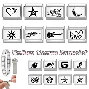 Detail showing modular Italian charm links with engraved symbols and assembly tool