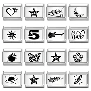 DIY Italian Charms For Modular Bracelet Stainless Steel Engraved Heart Star Cow Print Moon Link Jewelry Making Accessory