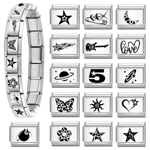 Polished stainless steel modular Italian charm bracelet with various laser engraved designs
