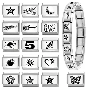 Modular stainless steel Italian charms bracelet with etched vintage patterns and symbols