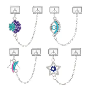 DIY Italienisches Charm Armband Modul Edelstahl Böses Auge Stern Muschel Emaille Strass Sicherheitskette Gliederschmuck Damen