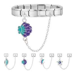 Italienisches Charm-Armband aus Edelstahl mit bunten Muschel-Anhängern und Sicherheitskette
