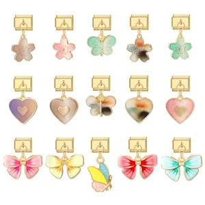 Maillon de Bracelet Charm Italien DIY en Acier Inoxydable Or Émail Cœur Fleur Papillon Nœud Accessoires de Bijoux pour Femmes