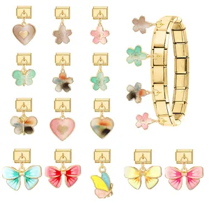 Bracelet DIY doré style italien et pendentifs en acier inoxydable avec détails émail