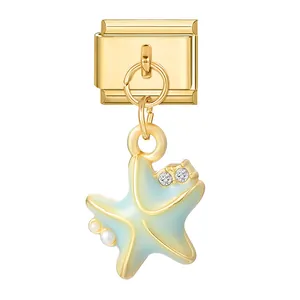 Italian style DIY charm with gold starfish pendant, blue enamel and tiny pearls