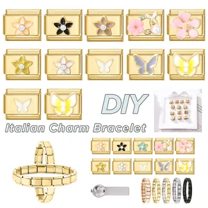 Details von DIY Italienisches Charm-Armband mit goldenen Emaille-Blumen und Schmetterling