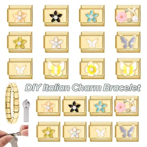 DIY italienisches Charm-Armband aus goldenem Edelstahl mit Emaille-Blumen und Kristallen