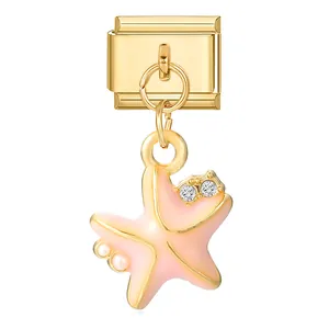 Italian charm with golden stainless steel starfish pendant and pink enamel finish