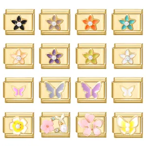DIY Italienisches Charm Armband Glieder Edelstahl Vergoldet Emaille Blume Schmetterling Charms Für Damen Schmuckherstellung