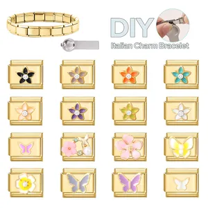 DIY Italienisches modulares Armband-Set mit goldenen Edelstahl-Charms und Emaille-Blumen