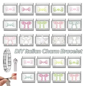 Detailed view of DIY Italian charm bracelet modules with colorful bows and starfish