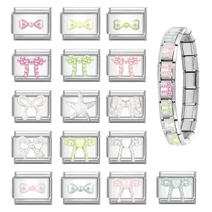 Italian charm bracelet in stainless steel with colorful macaron bow and starfish links