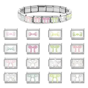 DIY Italian charm bracelet with colorful bow and star links in stainless steel